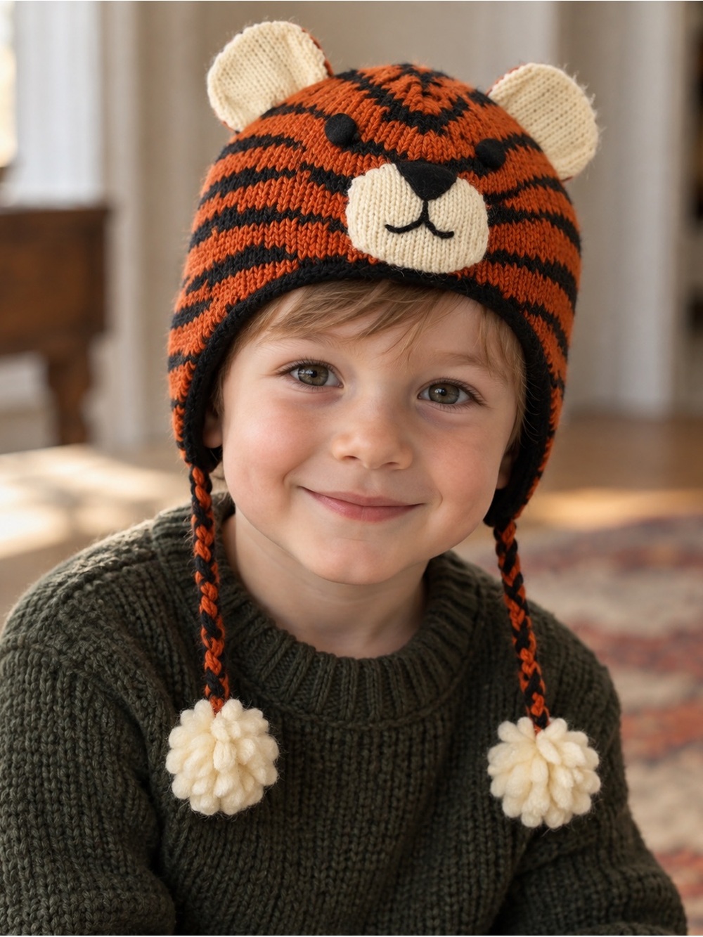 deLux Kids Tiger Winter Hat Wool Handknit in Nepal